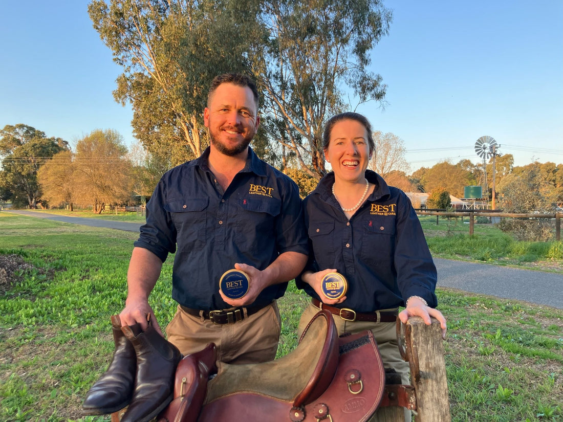 Holbrook's Nat and Fonz Corbett get set to launch their magic leather-care balm at Henty Field Days