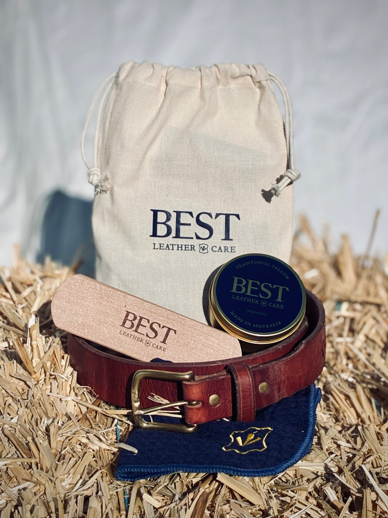 BEST Leather Care Kit with tin, premium horsehair brush, cotton waffle cloth and cotton drawstring bag